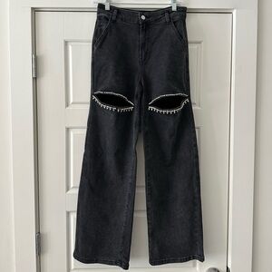 Black Wide-Leg Jeans with Rhinestone Cut-outs